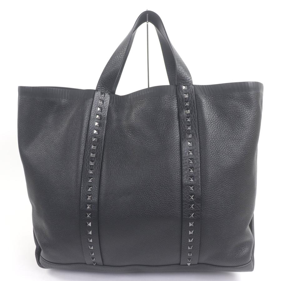 美品□Valentino Garavani ヴァレンティノガラヴァーニ レザー ロックスタッズ ラージ トートバッグ ブラック イタリア製 メンズ 大容量 美品□Valentino Garavani ヴァレンティノガラヴァーニ レザー ロック