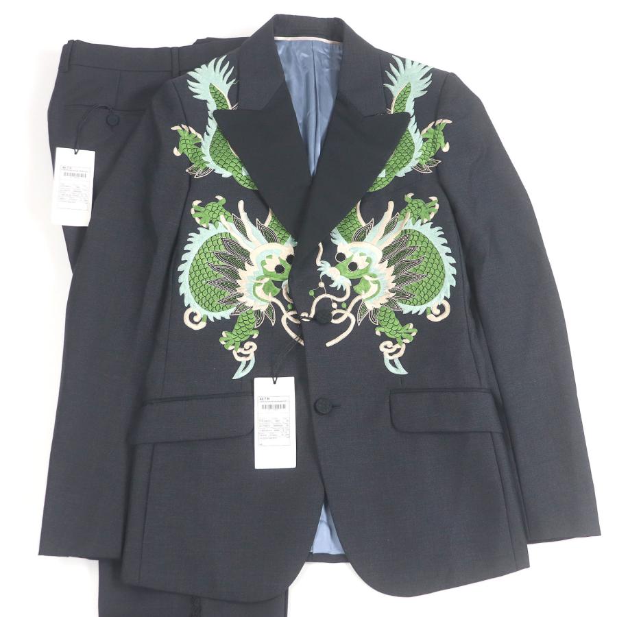 未使用品□GUCCI グッチ 473016/473076 モヘア混 ドラゴン エンブロイダリー シングルスーツ セットアップ ネイビー 46 スイス製 正規品 GUCCI（グッチ） 未使用品□GUCCI 473016/473076 モヘア混 ドラゴン