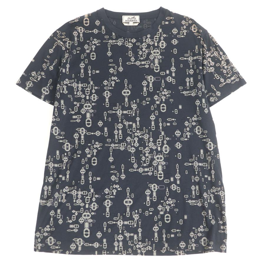 極美品□HERMES エルメス シェーヌダンクル 総柄 クルーネック 薄手 カットソー 半袖Ｔシャツ グレー系 L イタリア製 正規品 メンズ HERMES（エルメス） 極美品□HERMES シェーヌダンクル 総柄 クルー