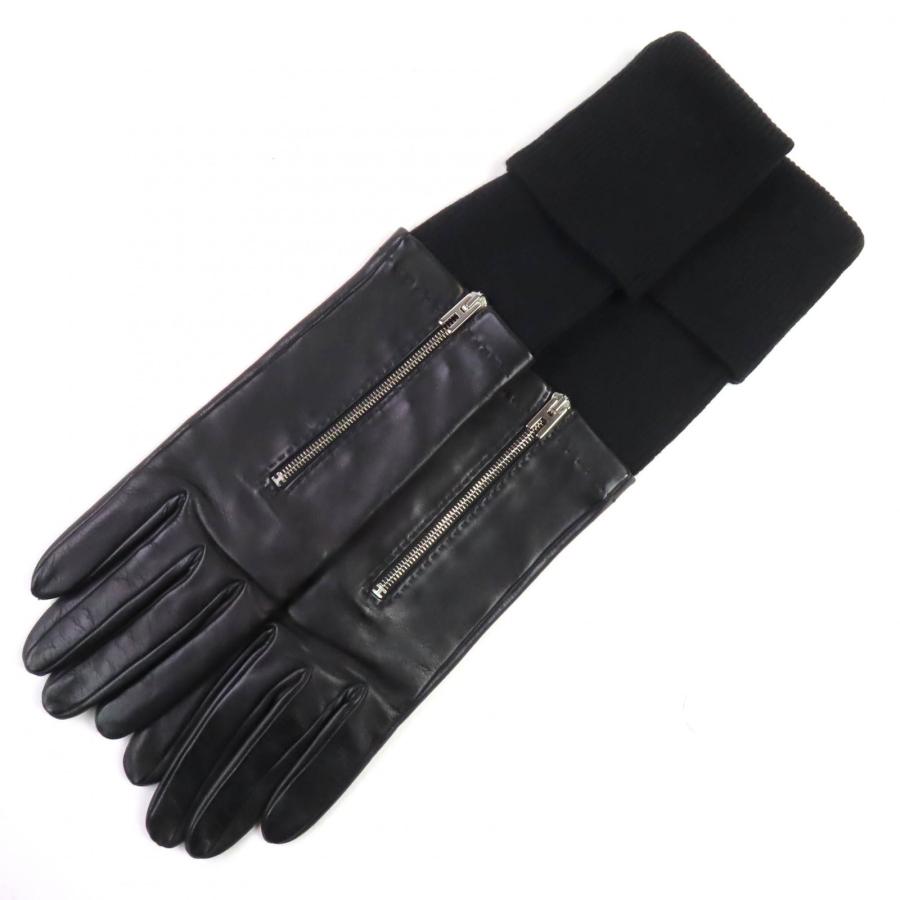 極美品◇HERMES エルメス カシミヤ100％ ラムスキン 切替 Hロゴファスナー ロンググローブ 手袋 ブラック 6.5 フランス製 レディース HERMES（エルメス） 極美品◇HERMES カシミヤ100％ ラムスキン 切替 H