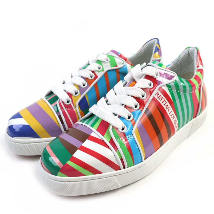 【ドンドン見直し】未使用品△Christian Louboutin クリスチャンルブタン パテントレザー ロゴ マルチストライプ スニーカー 36.5 伊製 Christian Louboutin（クリスチャンルブタン） 【ドンドン見直し】未