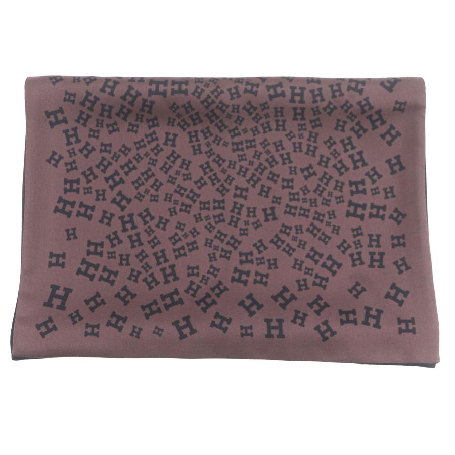 極美品▼HERMES エルメス シルク100% ロゴ総柄 リバーシブル マフラー スカーフ ブラウン ブラック 箱付き フランス製 メンズ HERMES（エルメス） 極美品▽HERMES シルク100% ロゴ総柄 リバーシブル