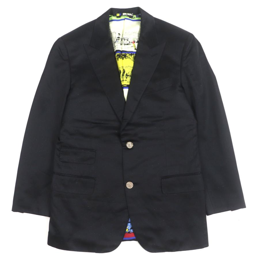 美品▼HERMES エルメス ラメ ロゴシルバーボタン 裏地シルク100% 総柄 シングルジャケット テーラード ブラック 46 伊製 正規品 メンズ HERMES（エルメス） 美品▽HERMES ラメ ロゴシルバーボタン 裏地シルク