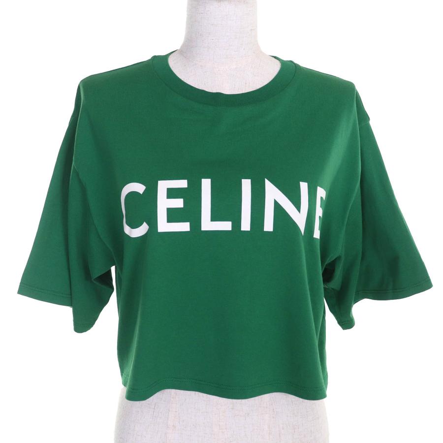 美品△CELINE セリーヌ 2X761501F コットン100％ ロゴ クルーネック クロップド 半袖Ｔシャツ グリーン ホワイト S イタリア製 正規品 CELINE（セリーヌ） 美品△CELINE 2X761501F コットン100％ ロゴ