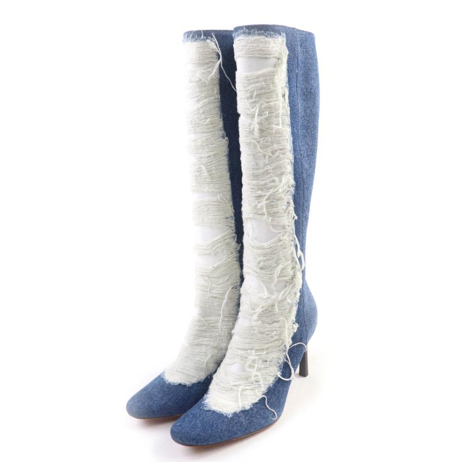 極美品★LOEWE ロエベ L815285X36 デストロイ リップドデニム ダメージ加工 ロングブーツ インディゴ 36 保存袋付 イタリア製 レディース LOEWE（ロエベ） 極美品☆LOEWE L815285X36 デストロイ リップドデニム