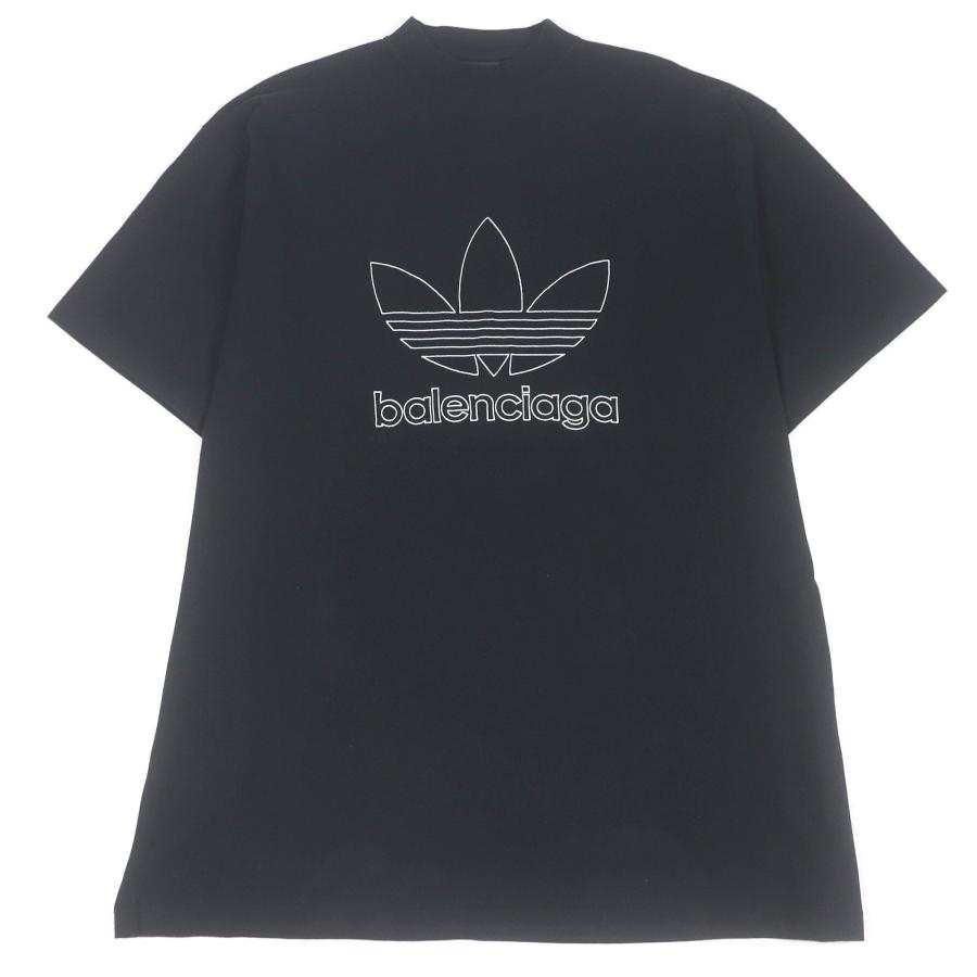 美品□BALENCIAGA adidas バレンシアガ アディダス 23SS 723976 トレフォイル ロゴ刺繍 エンブロイダリー 半袖Ｔシャツ 黒 2 正規品 美品□BALENCIAGA adidas バレンシアガ アディダス 23SS 723976