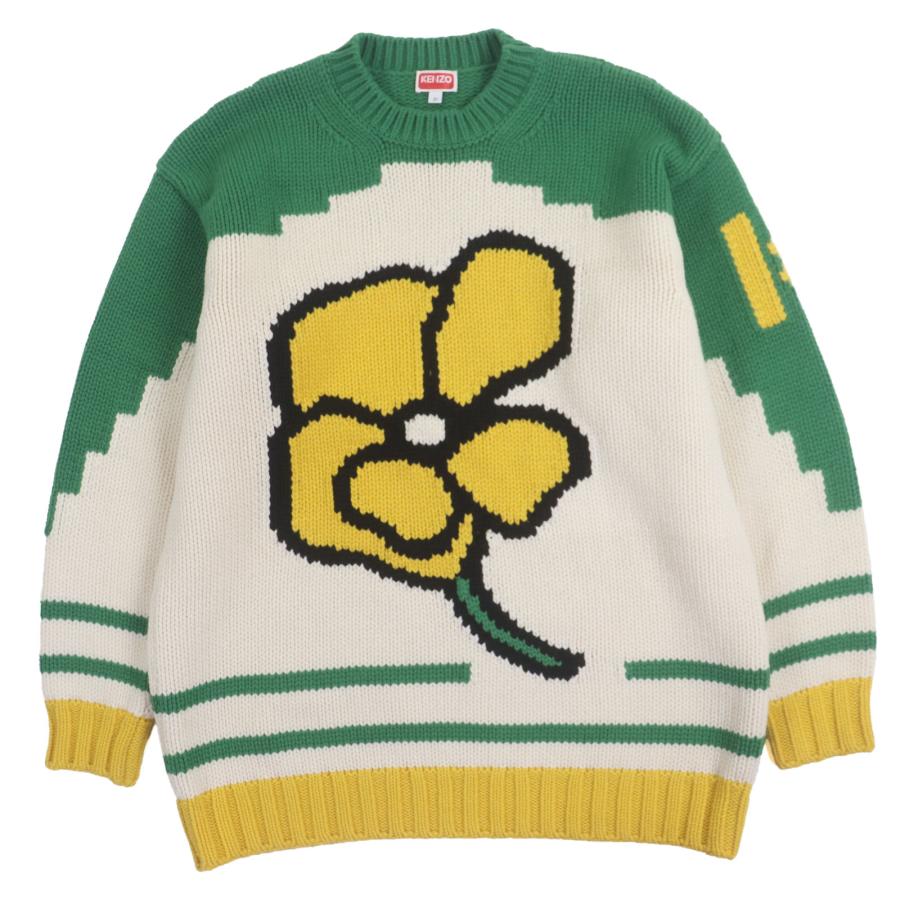 美品▼KENZO ケンゾー FC65PU3143BD IntarsiaWoolSweater ウール100% フラワー クルーネック ローゲージニットセーター M 正規品 メンズ KENZO（ケンゾー） 美品▽KENZO FC65PU3143BD IntarsiaWoolSweater