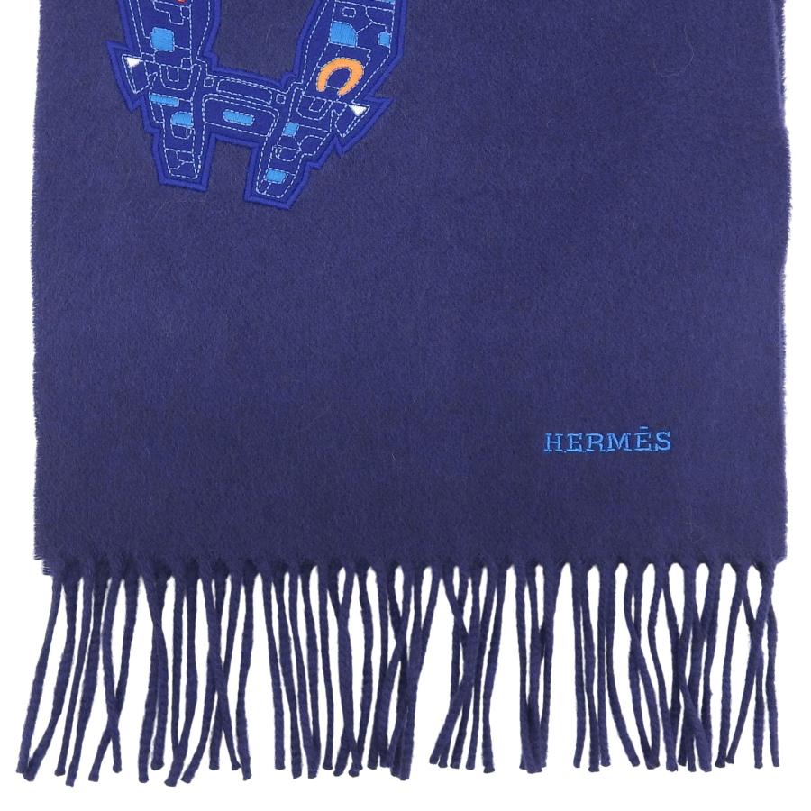 未使用品▲HERMES エルメス IMPRIME HERMES ODYSEE カシミヤ100％ Hロゴデザイン フリンジ付き マフラー ネイビー 箱付き 英国製 メンズ HERMES（エルメス） 未使用品△HERMES IMPRIME HERMES ODYSEE カシミヤ