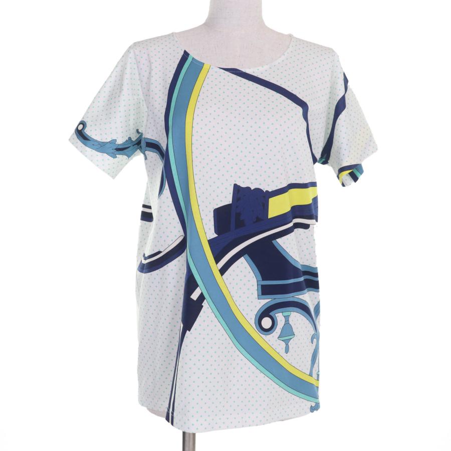 未使用品☆HERMES エルメス コットン100％ カットソー 半袖Ｔシャツ トップス ホワイト ブルー系 34 フランス製 正規品 レディース HERMES（エルメス） 未使用品☆HERMES コットン100％ カットソー 半袖