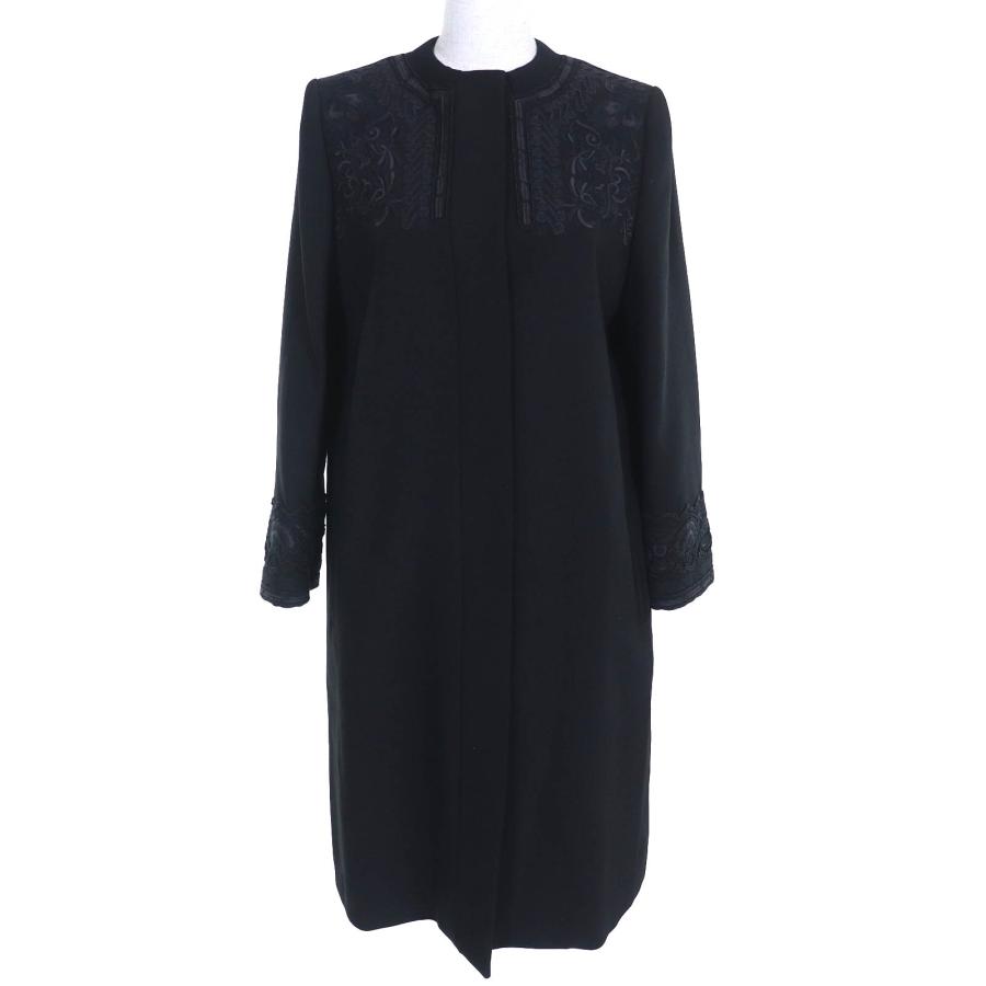 極美品△ETRO エトロ ウール 裏地ペイズリー柄 エンブロイダリーデザイン ノーカラー ロング コート ブラック 38 伊製 正規品 レディース ETRO（エトロ） 極美品△ETRO ウール 裏地ペイズリー柄 エンブロイ