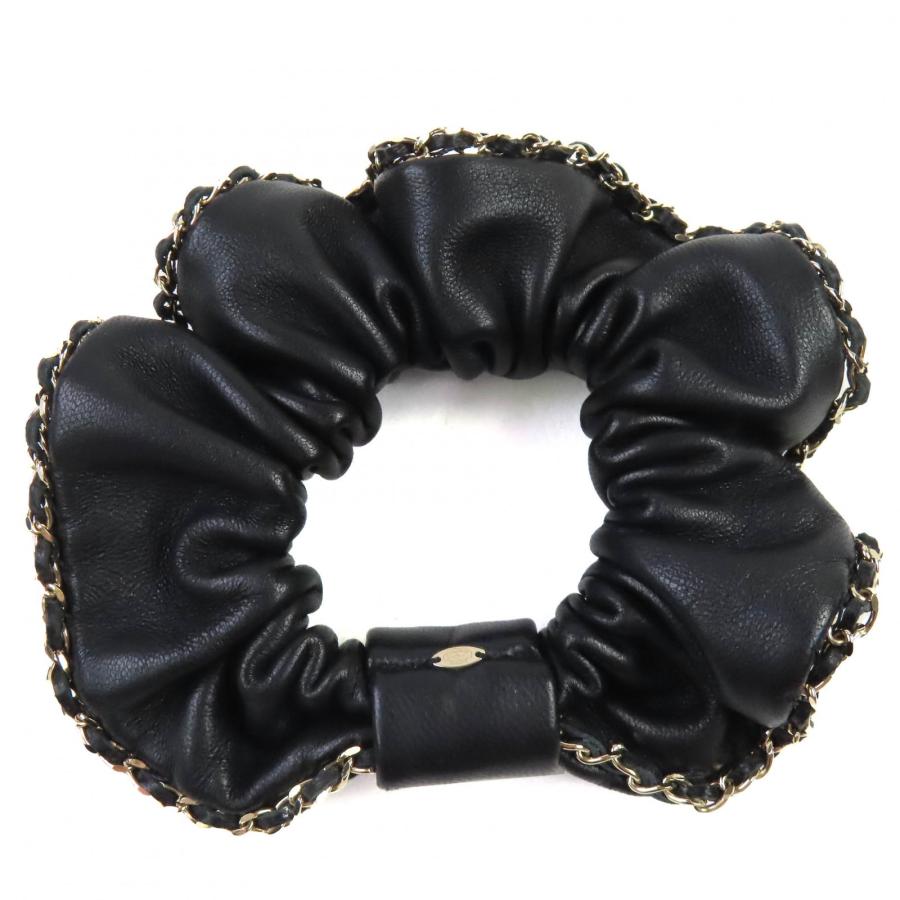 【CHANEL】シュシュ ヘアアクセ レザー チェーン ココマーク CHANEL 美品△CHANEL シャネル A22 ココマーク・チェーン付き