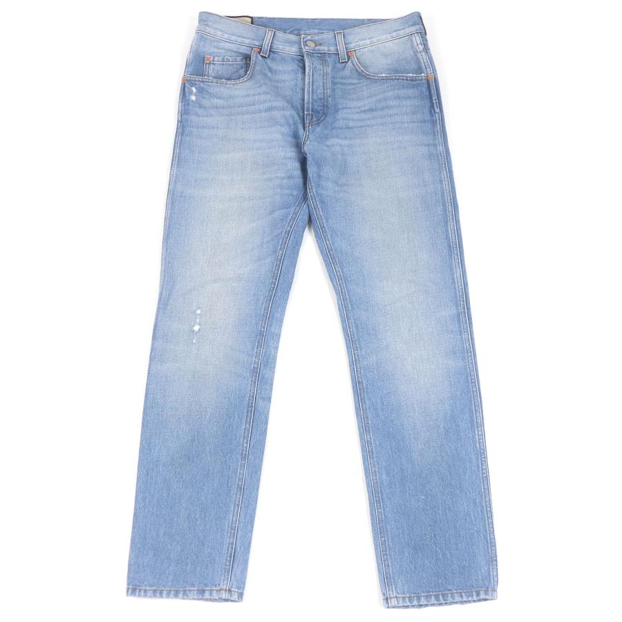美品□GUCCI グッチ 408637 レザー ロゴパッチ ボタンフライ デニムパンツ ジーンズ インディゴブルー 33 イタリア製 正規品 メンズ GUCCI（グッチ） 美品□GUCCI 408637 レザー ロゴパッチ ボタンフライ
