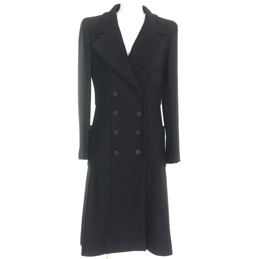 極美品◇CHANEL シャネル ヴィンテージ 01A P18163 ロゴボタン 裏地シルク100％ ツイード ロング コート 黒 36 仏製 正規品 レディース CHANEL（シャネル） 極美品◇CHANEL ヴィンテージ 01A P18163 ロゴ