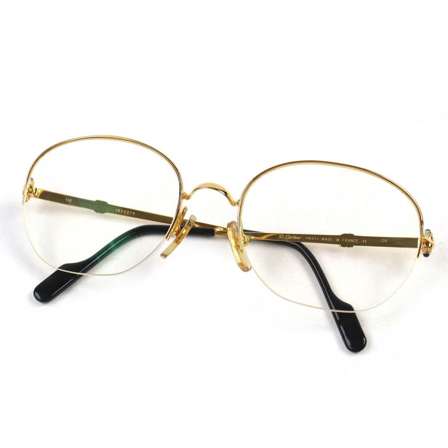 美品△Cartier カルティエ ハーフリム トリニティ 4Pブルージェムストーン メガネ 眼鏡 アイウェア ゴールド ブラック 54□18 130 度入り フランス製 レディース Cartier（カルティエ） 美品△Cartier ハーフリム トリニティ 4Pブルー