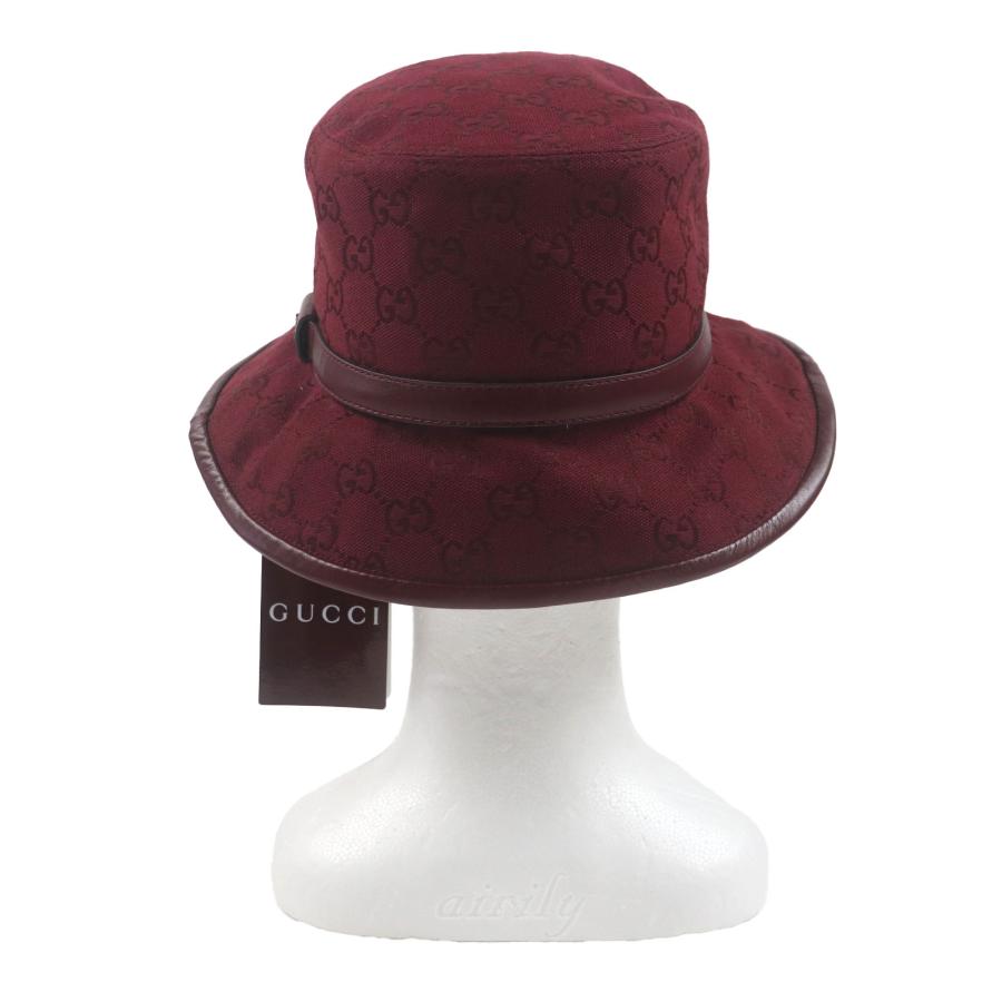 未使用品▼GUCCI グッチ 833280 GGモノグラム レザー使い 帽子 バケットハット ボルドー L 58cm 保存袋付き 伊製 正規品 ユニセックス GUCCI（グッチ） 未使用品▽GUCCI 833280 GGモノグラム レザー使い