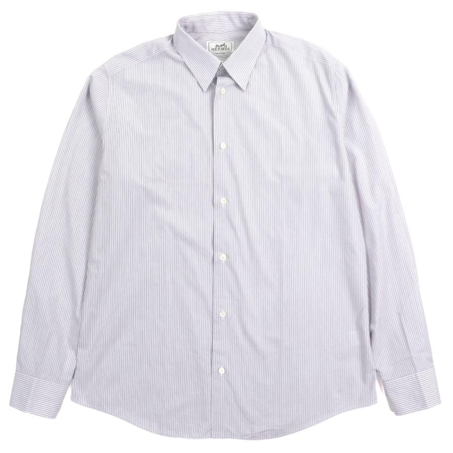 極美品□HERMES エルメス コットン100％ ストライプ柄 袖セリエボタン ロングスリーブ 長袖シャツ ビジネスシャツ ブルー 41 フランス製 HERMES（エルメス） 極美品▽HERMES コットン100% ストライプ柄 袖