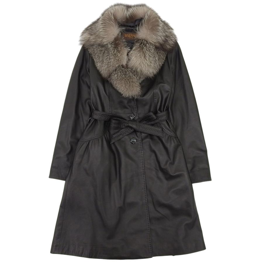 【美品】BALMAIN バルマン ラムレザーコート サイズ9 ブラック BALMAIN（バルマン） 極美品△BALMAIN ベルト付き 襟シルバー