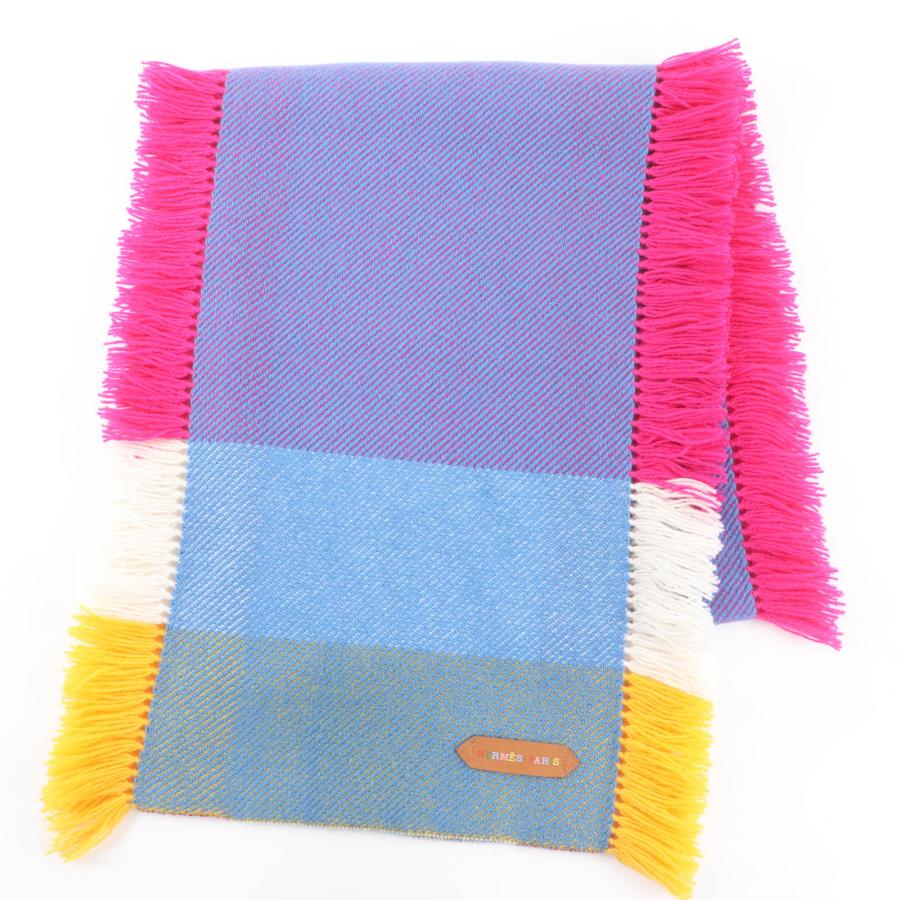 極美品☆HERMES エルメス カシミヤ100％ ロゴレザーパッチ・サイドフリンジ付 ニット ストール マフラー マルチカラー レディース HERMES（エルメス） 極美品☆HERMES カシミヤ100％ ロゴレザーパッチ