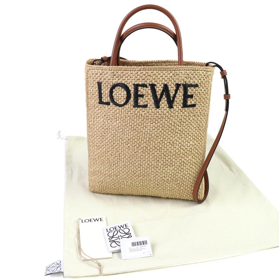美品△LOEWE ロエベ A563R18X02 スタンダード A4 ラフィア レザー使い ロゴ 2WAY カゴバック ショルダーバック トートバッグ ナチュラルの画像
