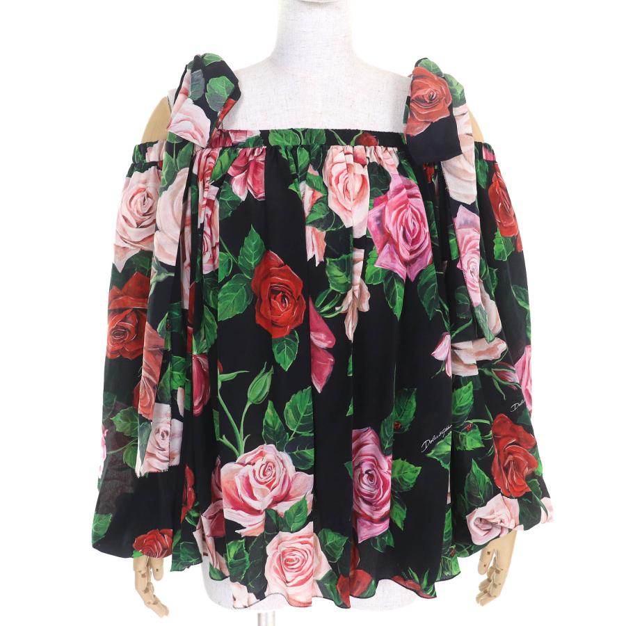 極美品△DOLCE&GABBANA ドルチェ＆ガッバーナ F73G6T 黒タグ シルク100％ ローズ 薔薇柄 肩ストラップ フレア ブラウス 38 正規品 極美品△DOLCE&GABBANA ドルチェ＆ガッバーナ F73G6T 黒タグ シルク100