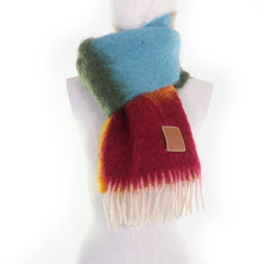 【美品】ロエベ　LOEWE モヘアウールマフラー　マルチカラー LOEWE（ロエベ） 極美品☆LOEWE モヘア ウール モノグラムレザーパッチ
