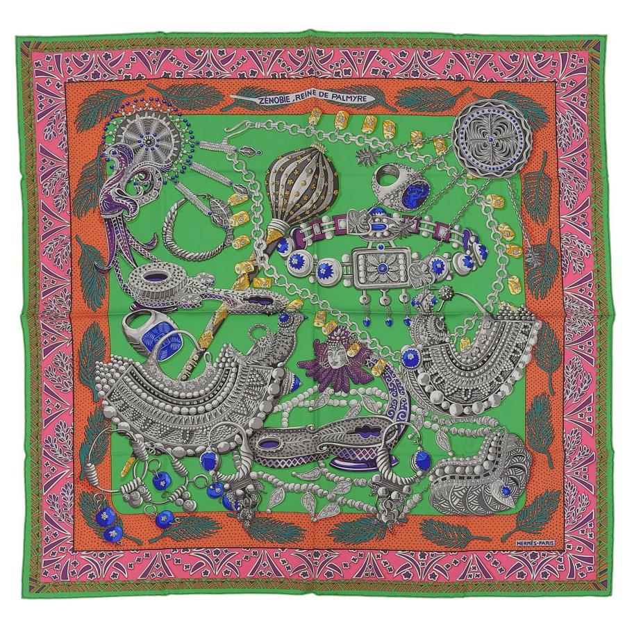 未使用品▲HERMES エルメス カレ90 ZENOBIE REINE DE パルミラの女王ゼノビア シルク100％ VERT/ORANGE/ROSE スカーフ 箱付き フランス製 HERMES（エルメス） 未使用品△HERMES カレ90 ZENOBIE REINE DE