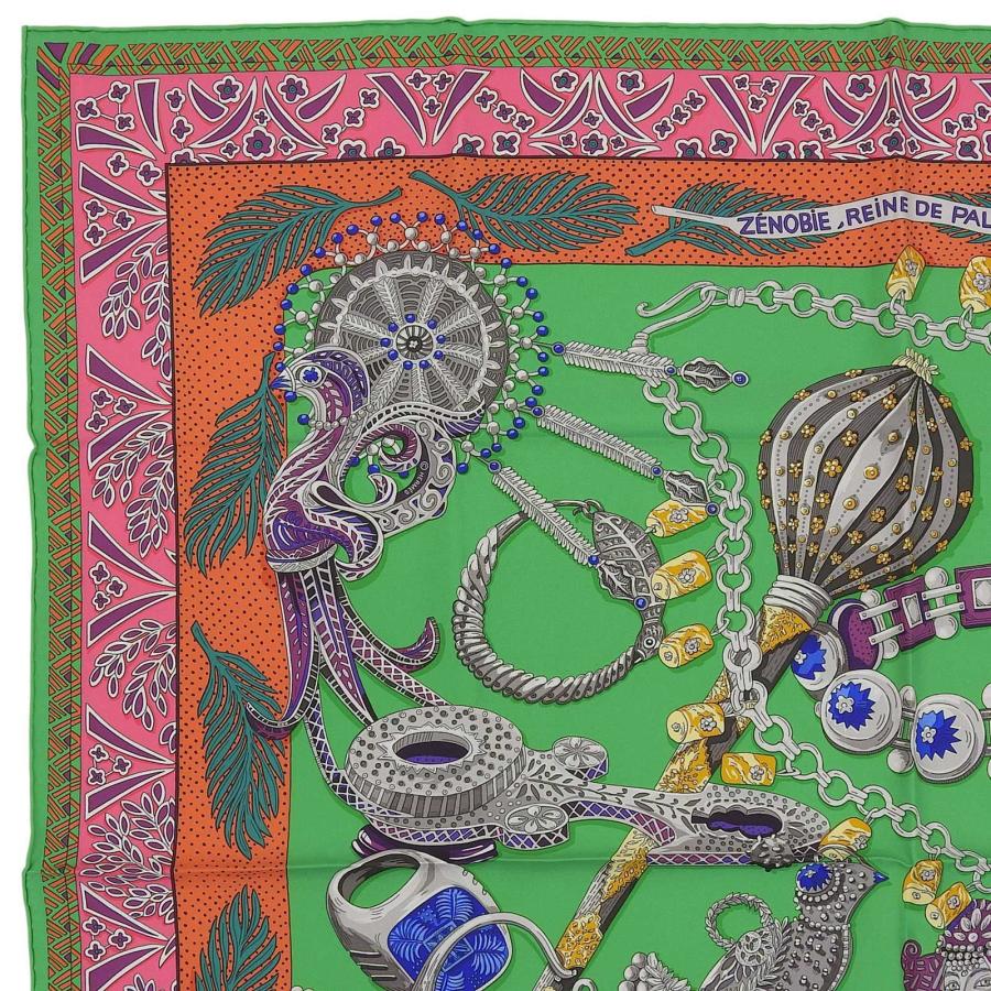 未使用品▲HERMES エルメス カレ90 ZENOBIE REINE DE パルミラの女王ゼノビア シルク100％ VERT/ORANGE/ROSE スカーフ 箱付き フランス製_2