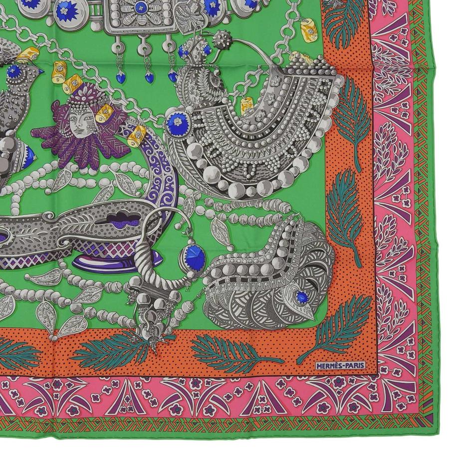 未使用品▲HERMES エルメス カレ90 ZENOBIE REINE DE パルミラの女王ゼノビア シルク100％ VERT/ORANGE/ROSE スカーフ 箱付き フランス製_5