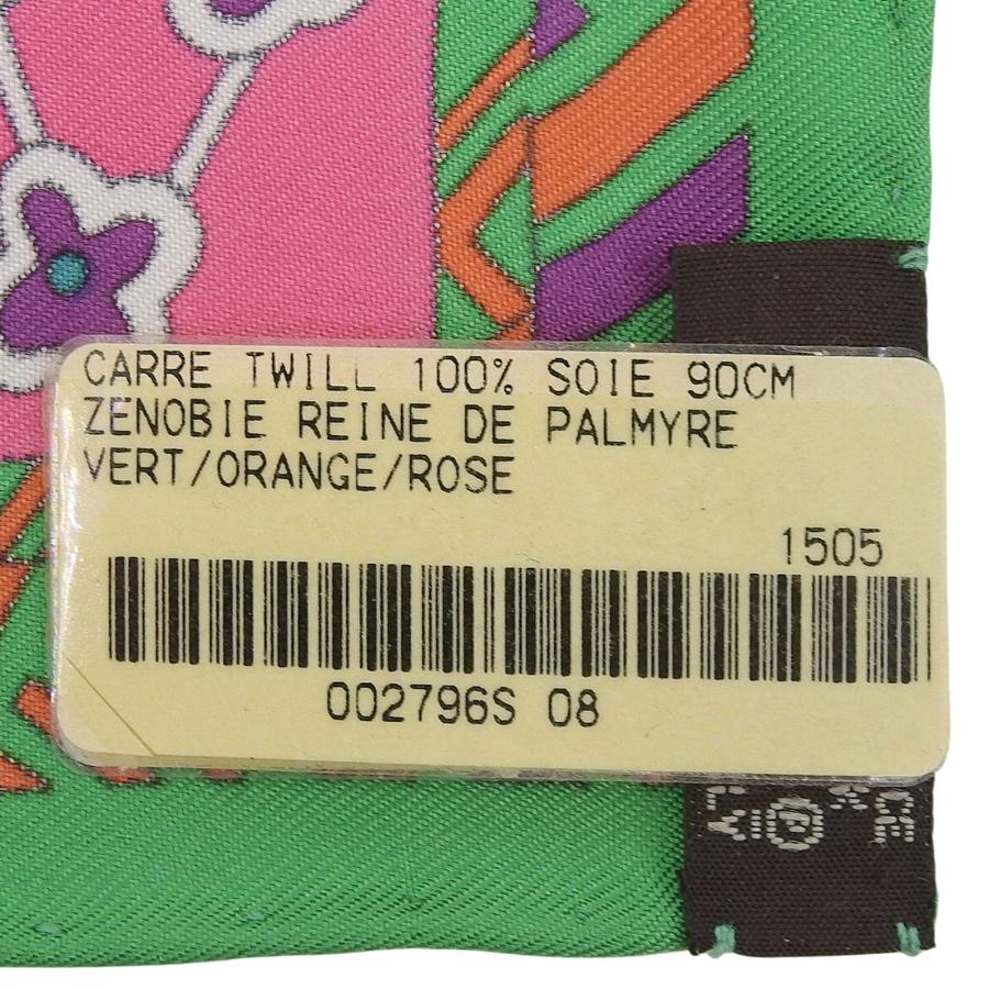 未使用品▲HERMES エルメス カレ90 ZENOBIE REINE DE パルミラの女王ゼノビア シルク100％ VERT/ORANGE/ROSE スカーフ 箱付き フランス製_9