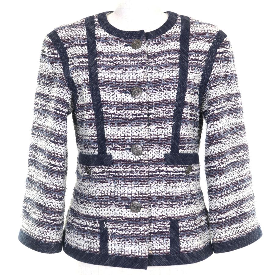 極美品◇CHANEL シャネル P45580V33648 コットン 裏地シルク100％ ココマークダラスボタン付き ツイード ノーカラージャケット 40 仏製 CHANEL（シャネル） 極美品◇CHANEL P45580V33648 コットン 裏地シルク