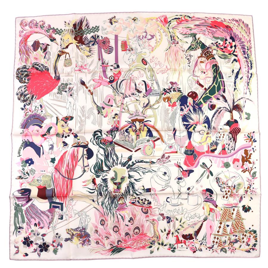 未使用品△HERMES エルメス Emile et Une Nuit エミールの夜 シルク100％ ローズ・テ/グリーン/プリュンヌ カレ90 スカーフ 箱付き 仏製 HERMES（エルメス） 未使用品△HERMES Emile et Une Nuit エミールの夜