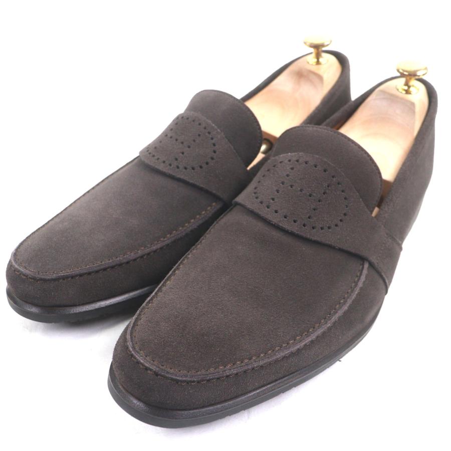 極美品▼HERMES エルメス エブリン パンチングHロゴ スウェードレザーシューズ ローファー ダークブラウン 43.5 箱付 イタリア製 メンズ HERMES（エルメス） 極美品▽HERMES エブリン パンチングHロゴ