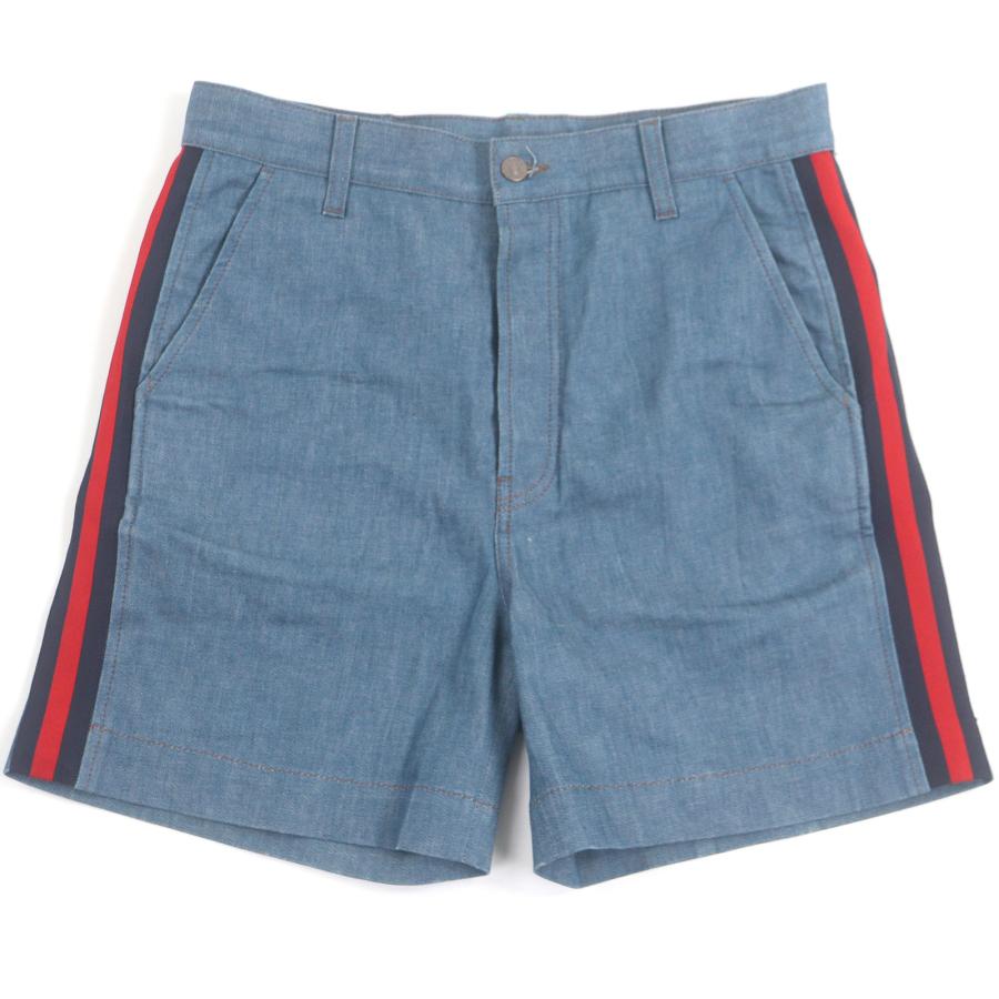 美品□GUCCI グッチ 418308 ロゴレザーパッチ サイドウェブライン ショートパンツ インディゴブルー 32 イタリア製 正規品 メンズ GUCCI（グッチ） 美品□GUCCI 418308 ロゴレザーパッチ サイドウェブ