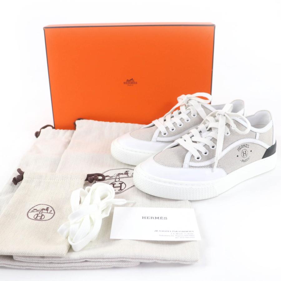 極美品☆HERMES エルメス ゲット ファブリック レザー使い ローカットスニーカー ホワイト グレー 35.5 箱・保存袋付き イタリア製 レディース HERMES（エルメス） 極美品☆HERMES ゲット ファブリック レザー使い
