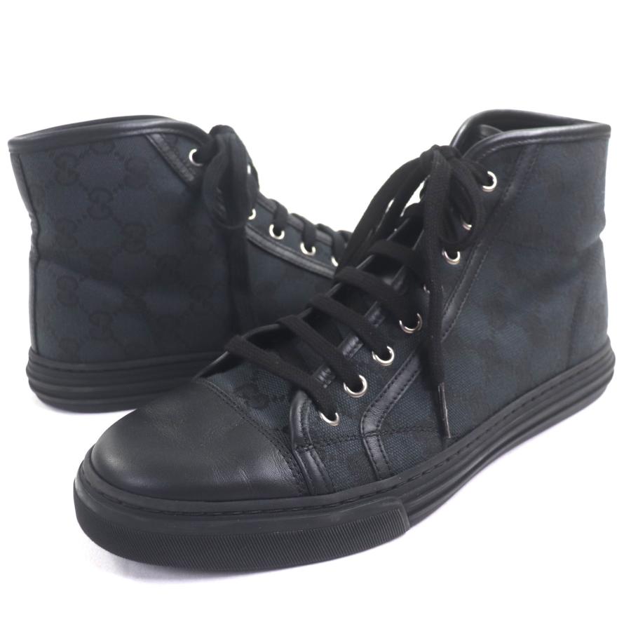 極美品▼GUCCI グッチ 426188 GGキャンバス レザー レースアップ ハイカットスニーカー シューズ ブラック 6.5 イタリア製 メンズ GUCCI（グッチ） 極美品▽GUCCI 426188 GGキャンバス レザー レース