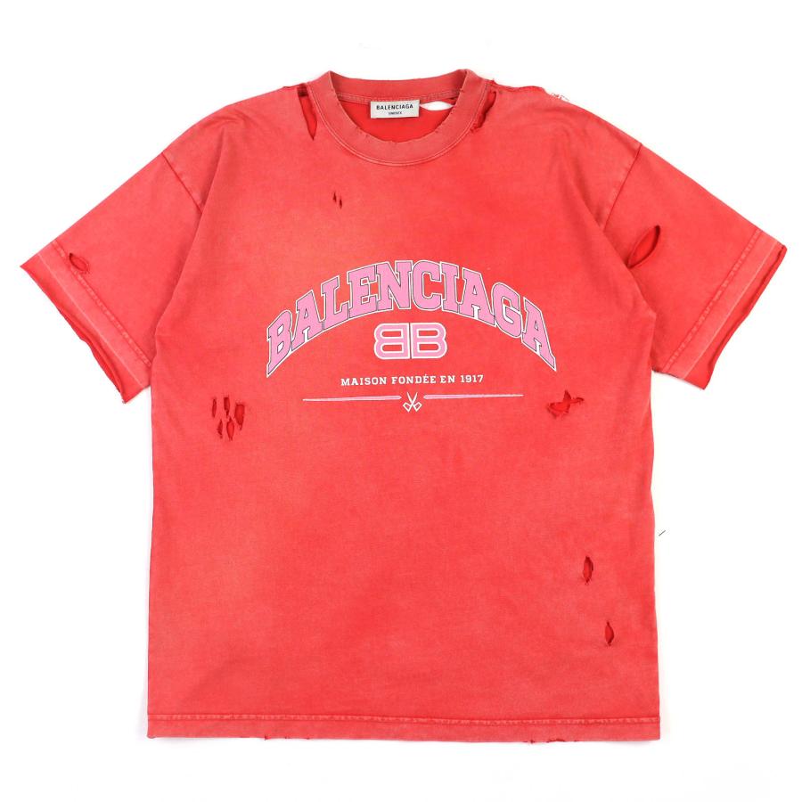 美品△BALENCIAGA バレンシアガ 612965 コットン100% デストロイ ダメージ加工 クルーネック 半袖Ｔシャツ レッド系 S 正規品 メンズ BALENCIAGA（バレンシアガ） 美品△BALENCIAGA 612965 コットン100