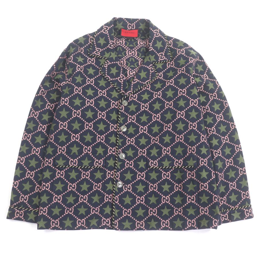 美品□GUCCI グッチ 576610 コットン100％ GGロゴ スター 総柄 シングル テーラードジャケット ネイビー 50 イタリア製 正規品 メンズ GUCCI（グッチ） 美品□GUCCI 576610 コットン100％ GGロゴ スター 総