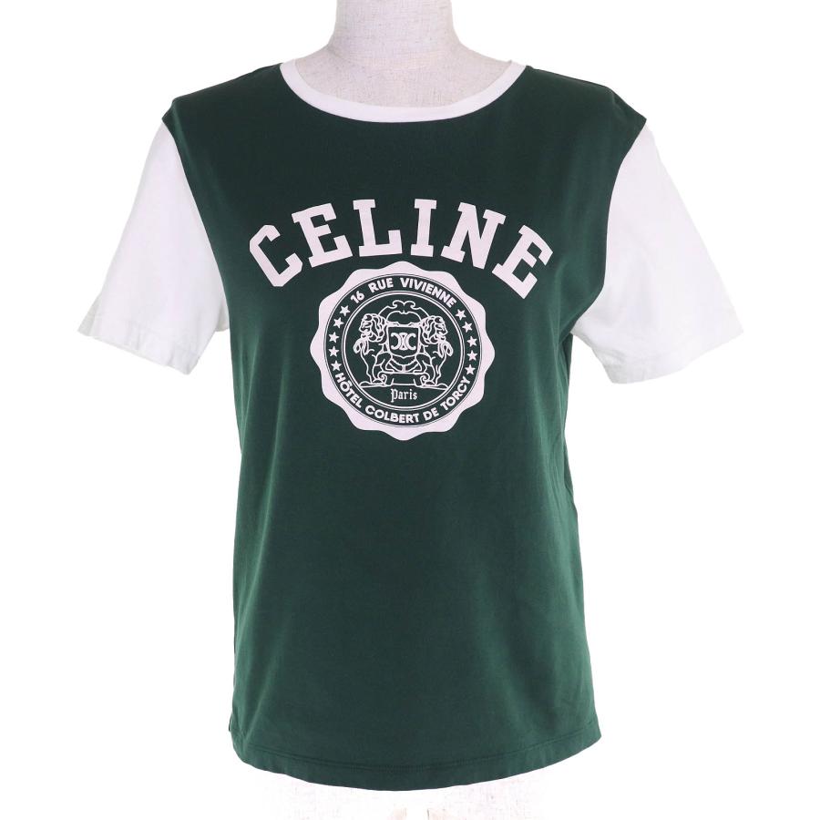美品△CELINE セリーヌ RX04B671Q CELINE BLASON エディ期 トリオンフ コットンジャージー レギュラー 半袖Ｔシャツ グリーン XS 正規品 CELINE（セリーヌ） 美品△CELINE RX04B671Q CELINE BLASON エディ期