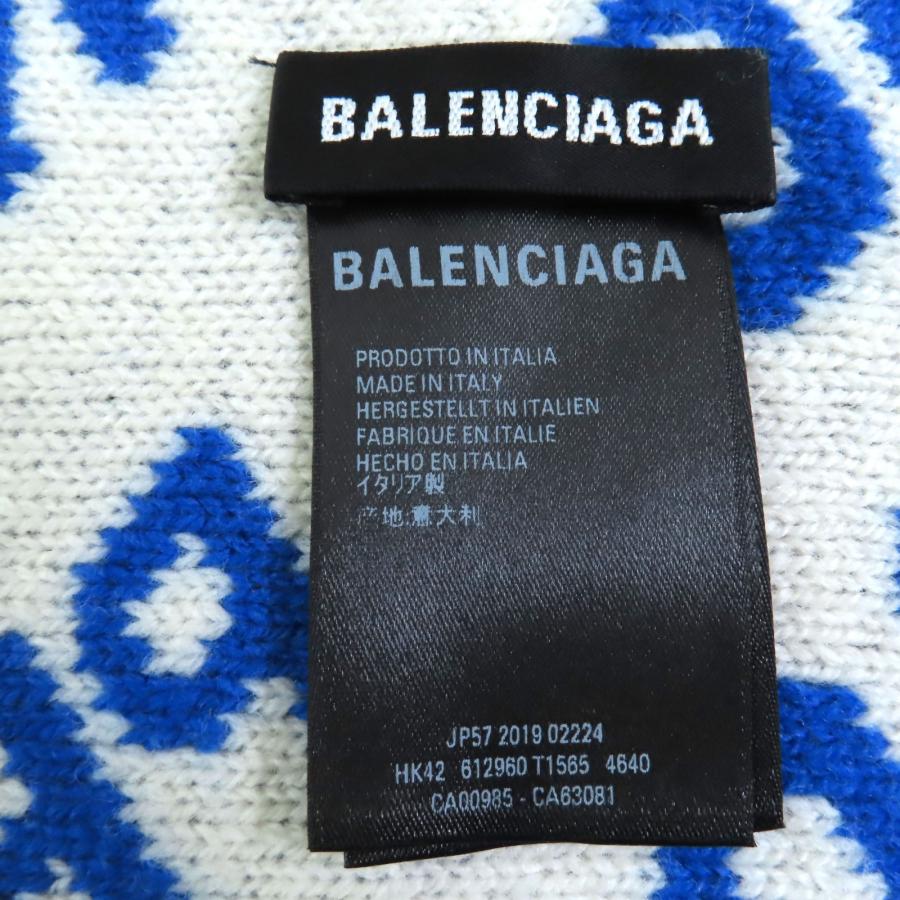 極美品◇BALENCIAGA バレンシアガ 612960 ウール ジャガードロゴ 大判 マフラー ストール ブルー ホワイト イタリア製 正規品 レディース BALENCIAGA（バレンシアガ） 極美品◇BALENCIAGA 612960 ウール