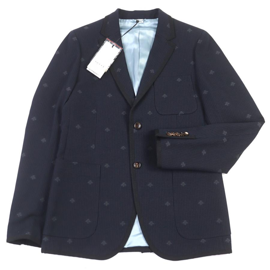 未使用品○GUCCI グッチ 521888 BEE刺繍総柄 ロゴボタン パイピング シングル テーラードジャケット ネイビー系 48 伊製 正規品 メンズ GUCCI（グッチ） 未使用品○GUCCI 521888 BEE刺繍総柄 ロゴボタン
