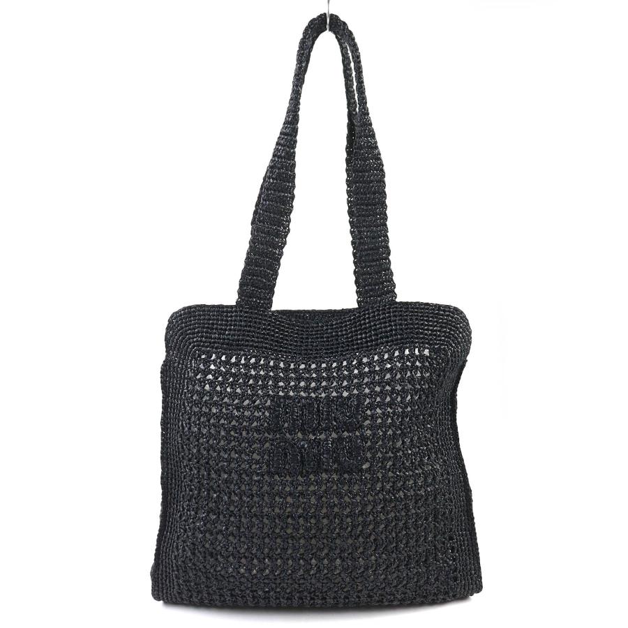 極美品△MIUMIU ミュウミュウ 5BG230 ラフィア ロゴ クロシェ トートバッグ かごバッグ ブラック 保存袋付き イタリア製 レディース miu miu（ミュウミュウ） 極美品△MIUMIU 5BG230 ラフィア ロゴ