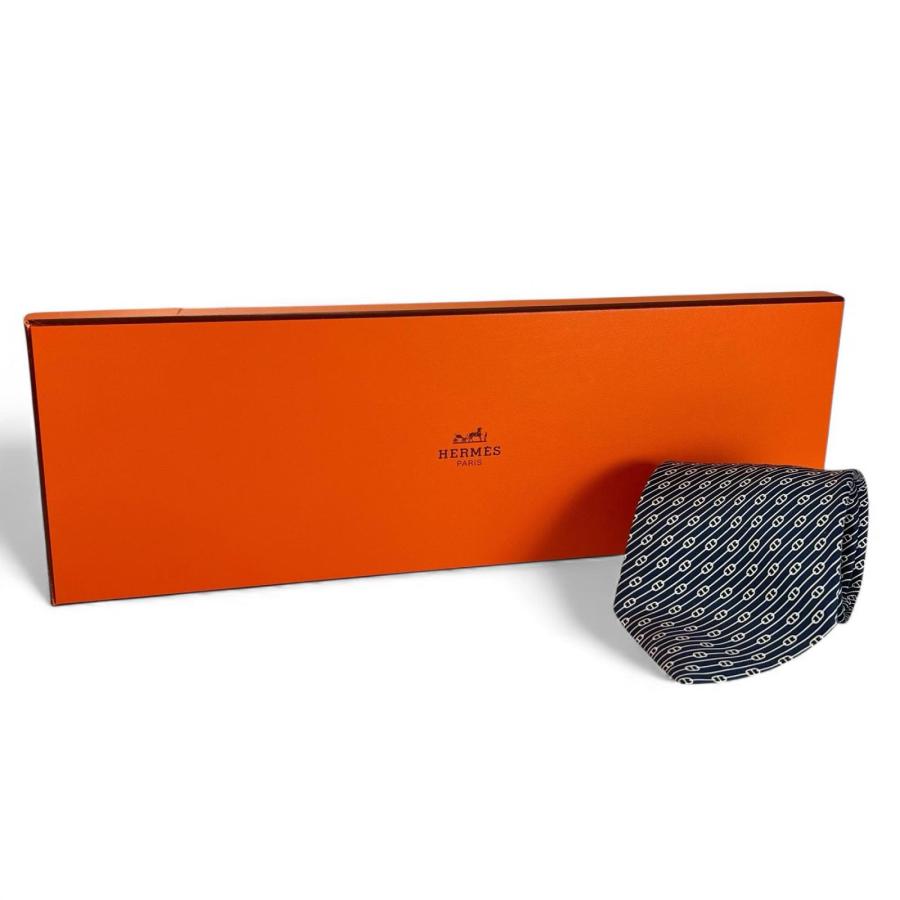 未使用品▲HERMES エルメス 5500 UA シルク100％ シェーヌダンクル柄 総柄 ネクタイ ネイビー 箱付き フランス製 メンズ HERMES（エルメス） 未使用品△HERMES 5500 UA シルク100