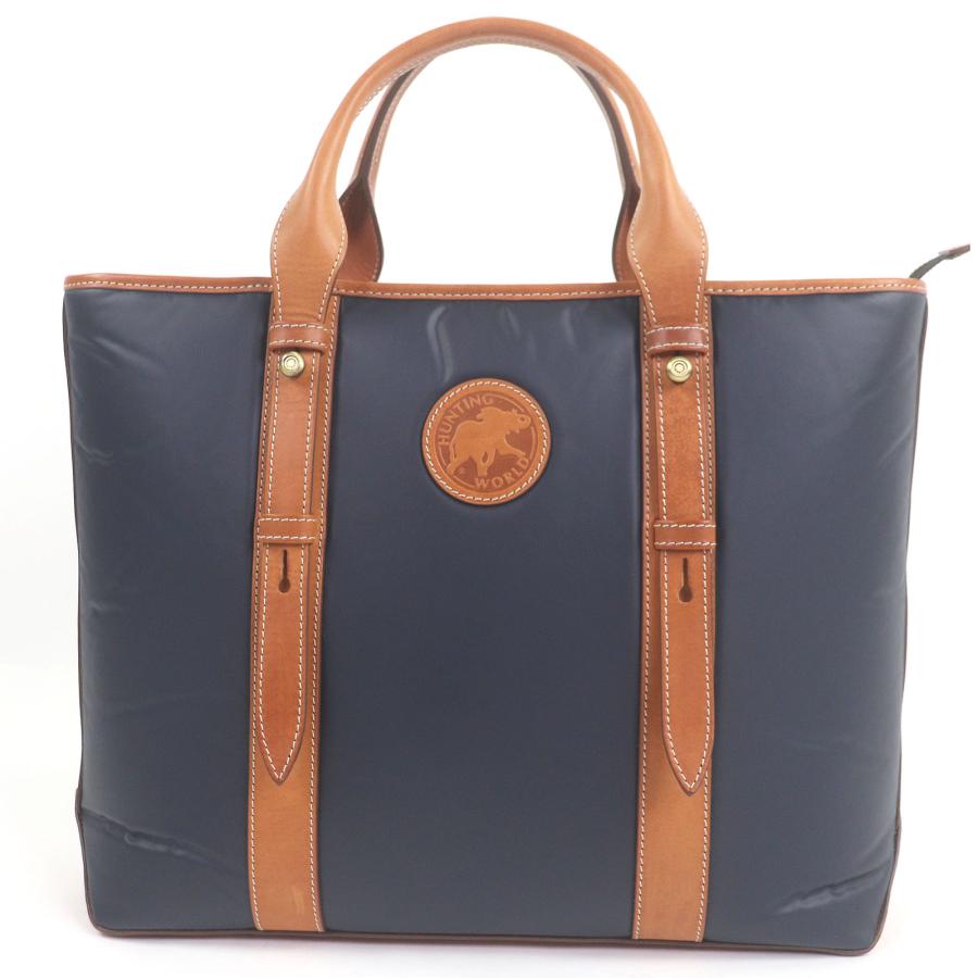 極美品□HUNTING WORLD ハンティングワールド バチュークロス レザー ロゴパッチ トートバッグ ネイビー ブラウン 保存袋付き メンズ 極美品□HUNTING WORLD ハンティングワールド バチュークロス レザー