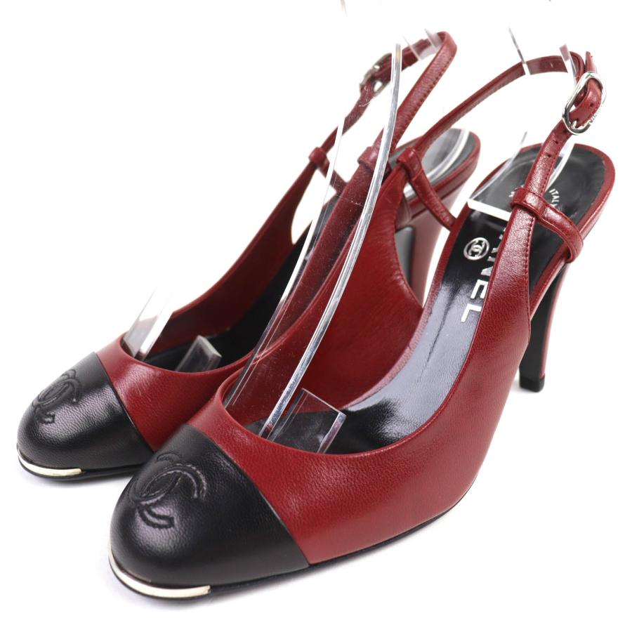 極美品△CHANEL シャネル G27344 ココマークステッチ レザー スリングバック バイカラー パンプス レッド ブラック 37.5 伊製 レディース CHANEL（シャネル） 極美品△CHANEL G27344 ココマークステッチ レザー