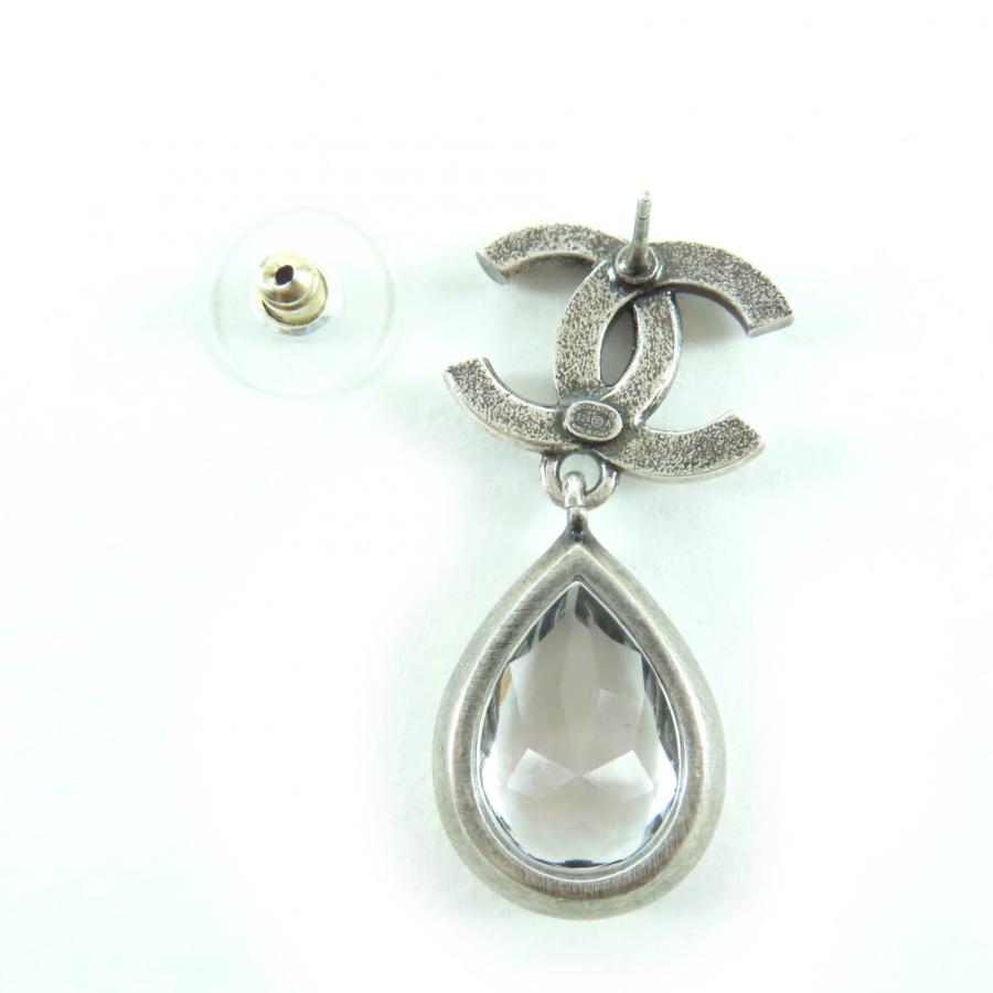 美品☆CHANEL シャネル 124A ABD777 メタル クリスタル ココマーク ビジュー ティアドロップ ピアス シルバー 箱付き 伊製 レディースの画像