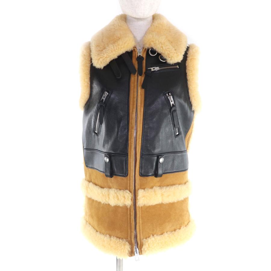 極美品★COACH コーチ ロゴボタン付 ムートンレザー切り替え ZIP UP ジレ ベスト ブラック ベージュ XS イタリア製 正規品 レディース COACH（コーチ） 極美品☆COACH ロゴボタン付 ムートンレザー切り替え