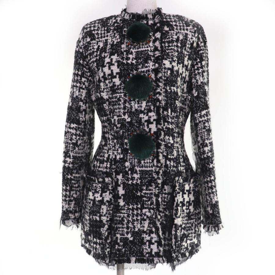 極美品☆DOLCE&GABBANA ドルチェ＆ガッバーナ F28JNZ ビジュー付 ノーカラー ツイードコート ブラック系 38 伊製 正規品 レディース 極美品☆DOLCE&GABBANA ドルチェ＆ガッバーナ F28JNZ ビジュー付 ノー