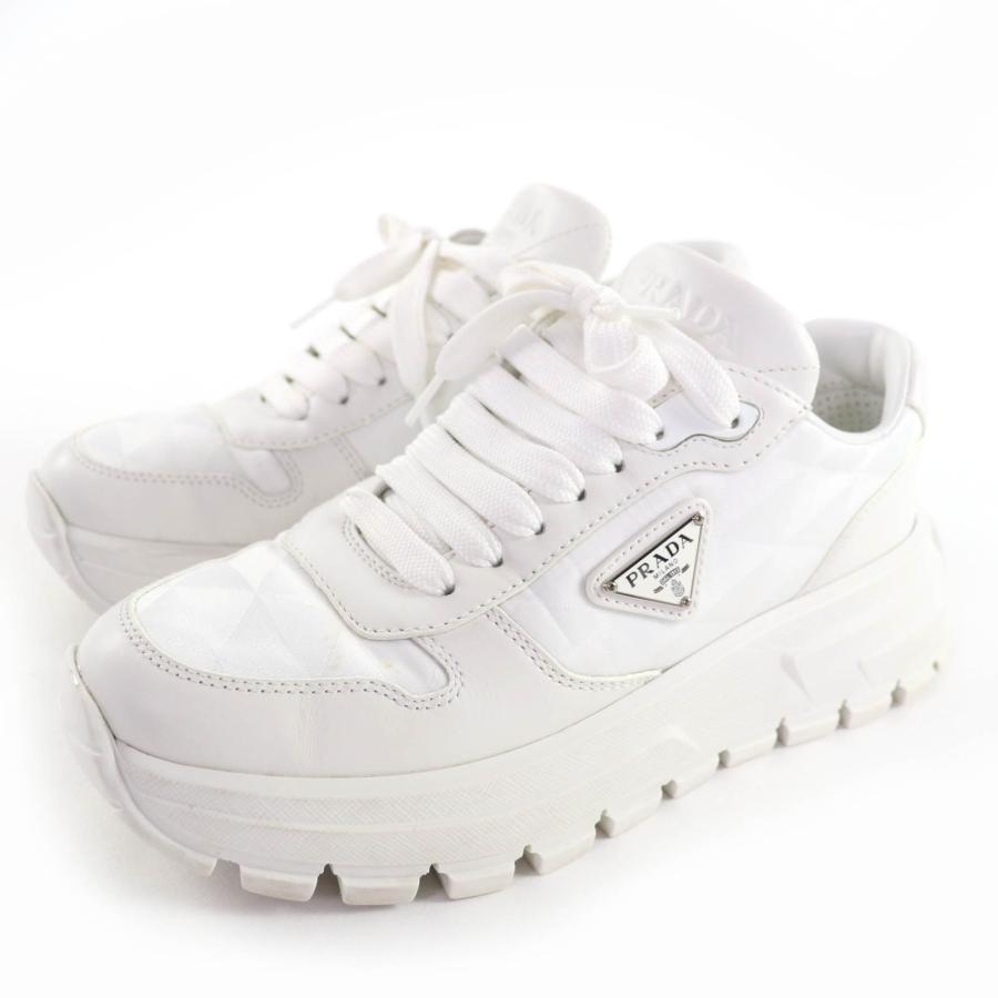 良品☆PRADA プラダ 1E620N Prax01 レザー使い トライアングルロゴ Re-Nylon ナイロンファブリック スニーカー ホワイト 36 レディース PRADA（プラダ） 良品☆PRADA 1E620N Prax01 レザー使い