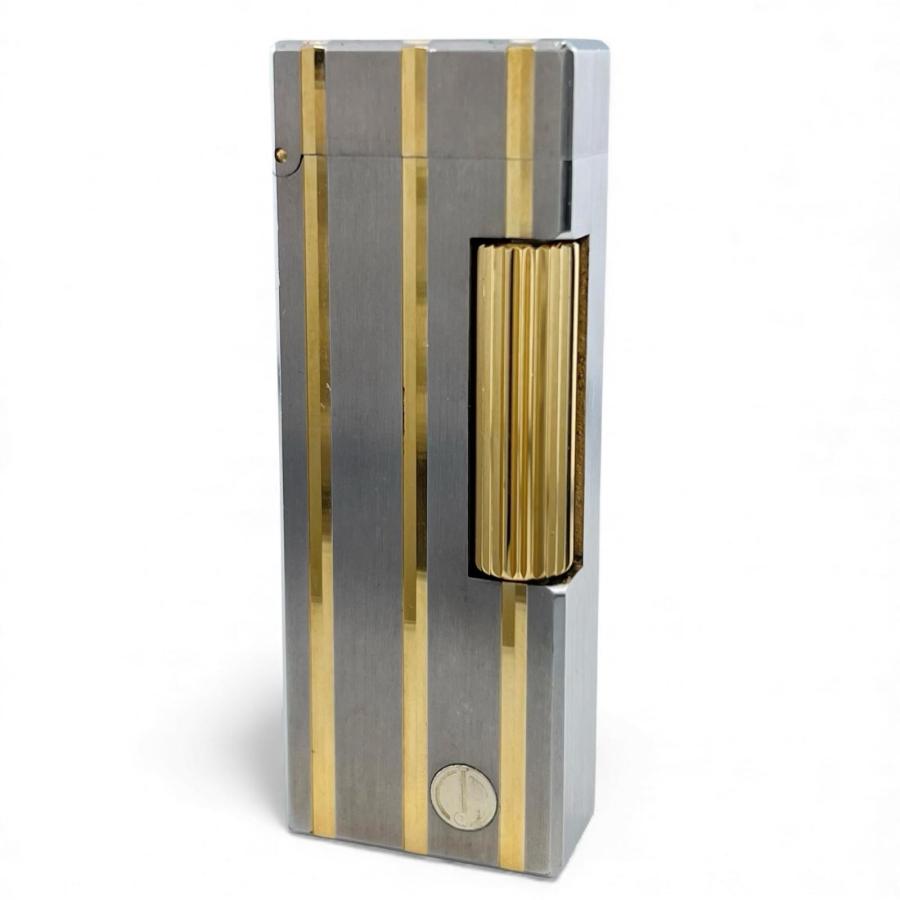 良品▲Dunhill ダンヒル スクエア ストライプ柄 ローラー式 喫煙具 ガス ライター シルバー ゴールド スイス製 メンズ 着火確認済み dunhill（ダンヒル） 美品△Dunhill スクエア ストライプ柄 ローラー式