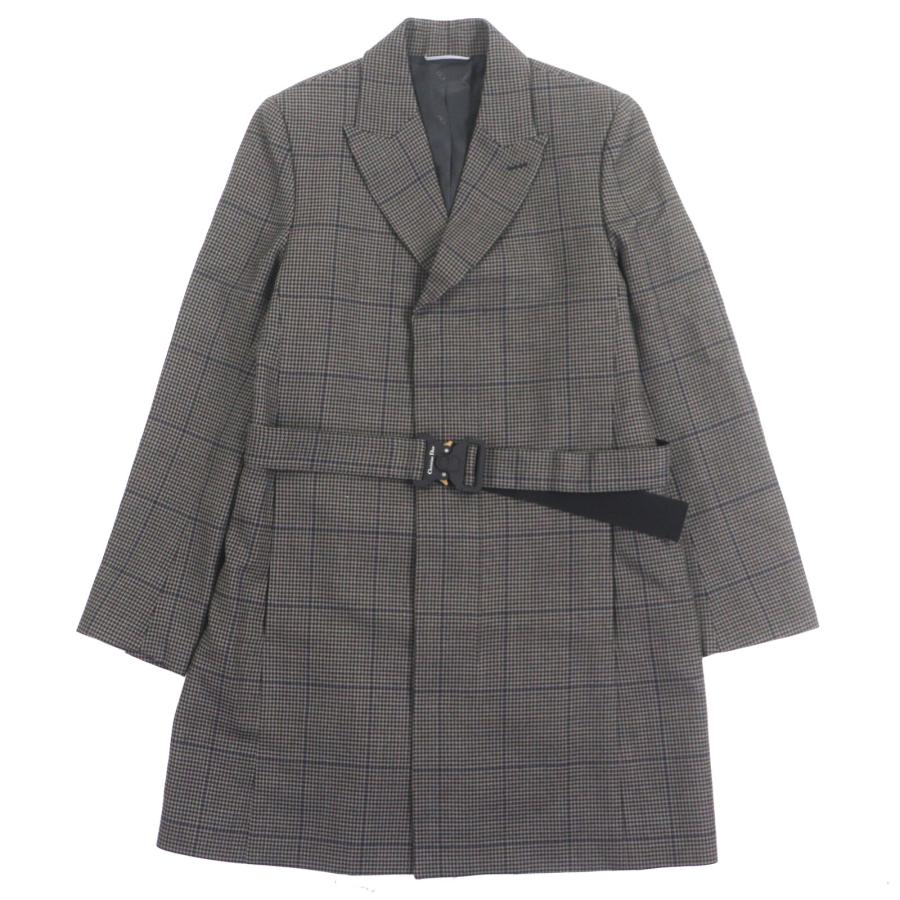 極美品▼DIOR ディオール オム 293C381B5637 ウール100% 千鳥格子柄 CDバックル ベルト付 比翼仕立て コート ブラウン 46 正規品 メンズ Dior HOMME 極美品▽DIOR ディオール オム 293C381B5637 ウール100